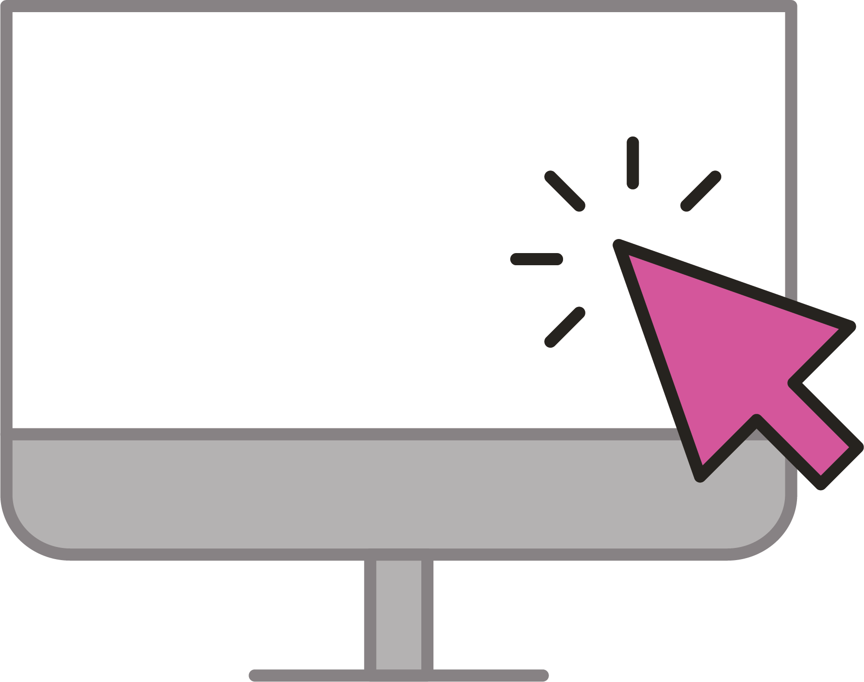 an illustrated image of a grey computer with a large pink curser