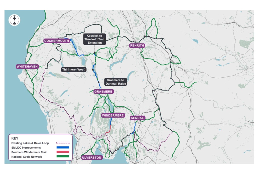 Location plan of the three See More Lake District Cycling projects shortlisted for funding through the Borderlands Growth Deal. The wider National Cycle Network connects to these projects.
